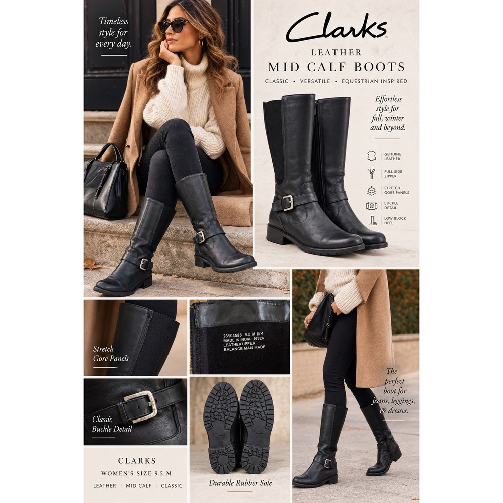 Clarks 9.5 Black Leather Riding Boots Equestrian Moto Buckle Knee High